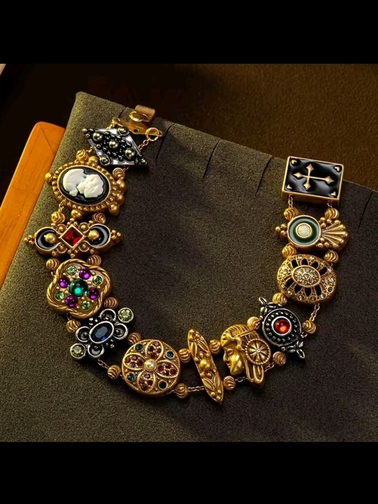 Anthropologie Jewelry - Vintage Gold-Tone Multi-Embellishment Statement Bracelet - Bronze & Gold